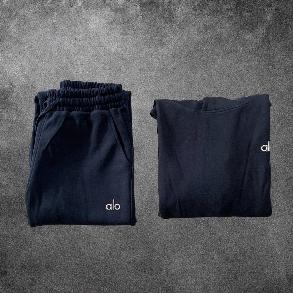 Alo Yoga Hoodie and Open Leg Sweatpants Set Navy Blue Large Tracksuit Loungewear - Picture 9 of 9